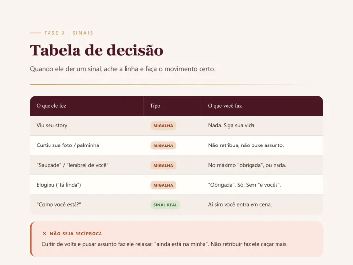 Página 16 do Manual SOS: tabela de decisão, o que ele fez, tipo (migalha ou sinal real) e o que você faz